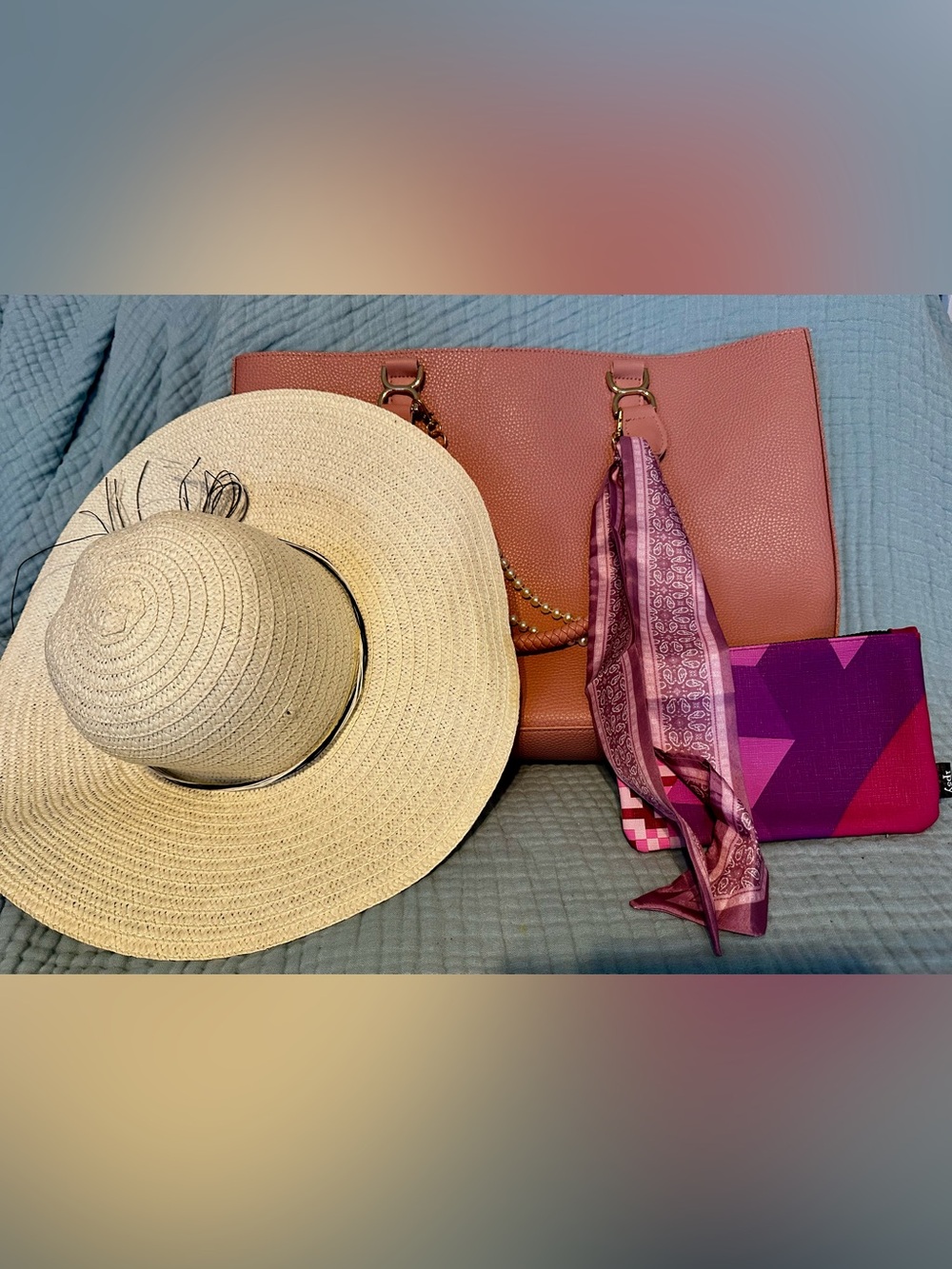 Ulta Beauty Pink Tote with Purple Scarf Accent, Sun Hat & Cosmetic bag